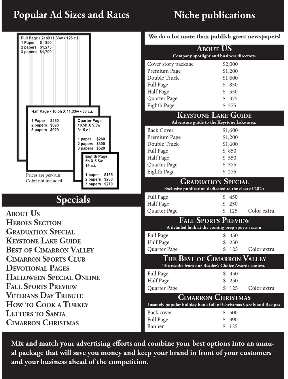 Rate Card with sizes and rates